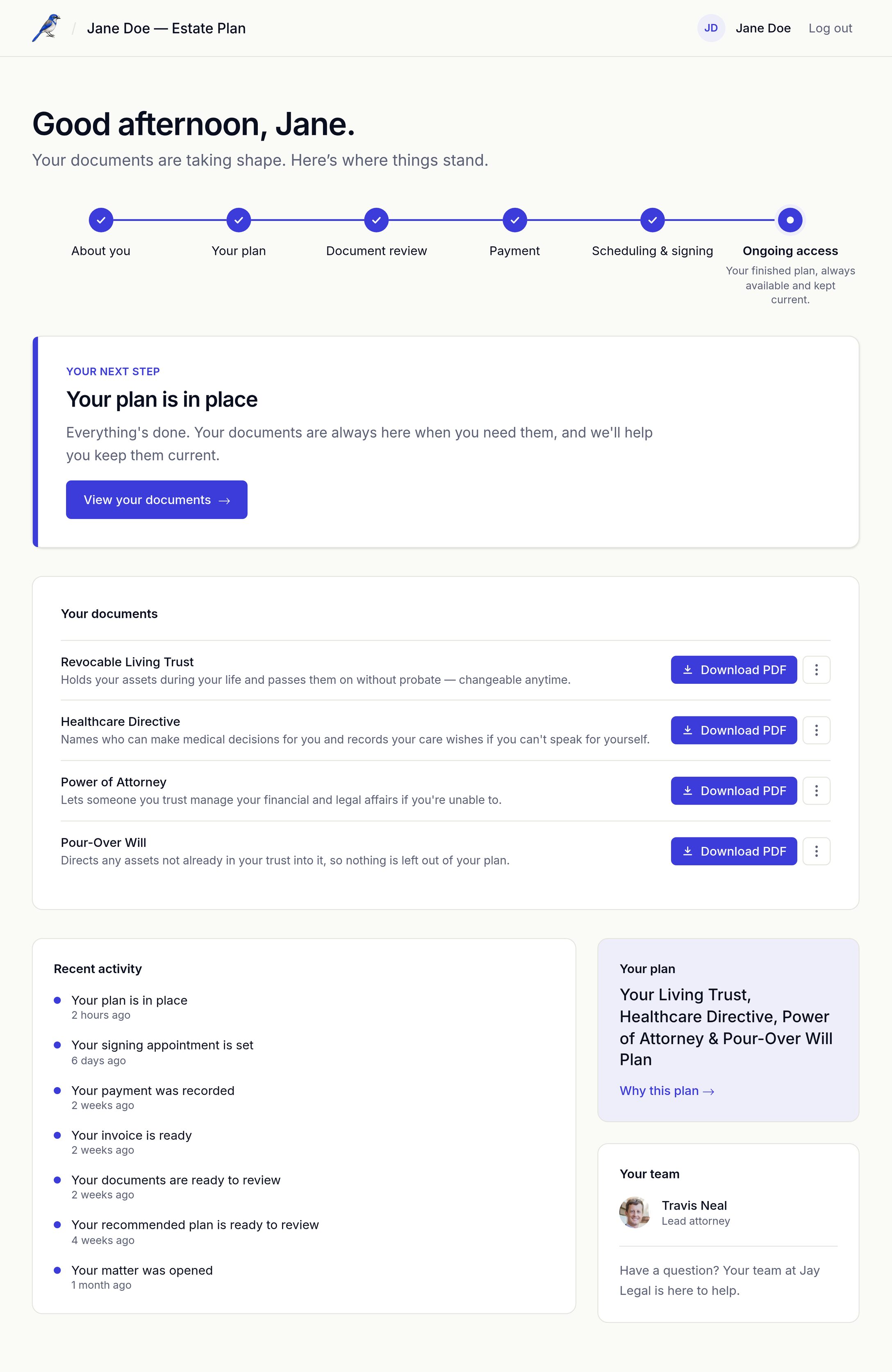 Screenshot of the Jay client portal showing a client’s ongoing access to their signed estate planning documents
